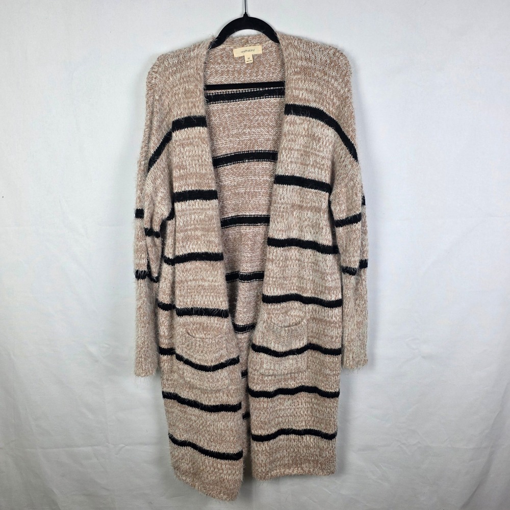Onetheland Womens Tan Black Striped Eyelash Knit Longline Cardigan H18A292 M